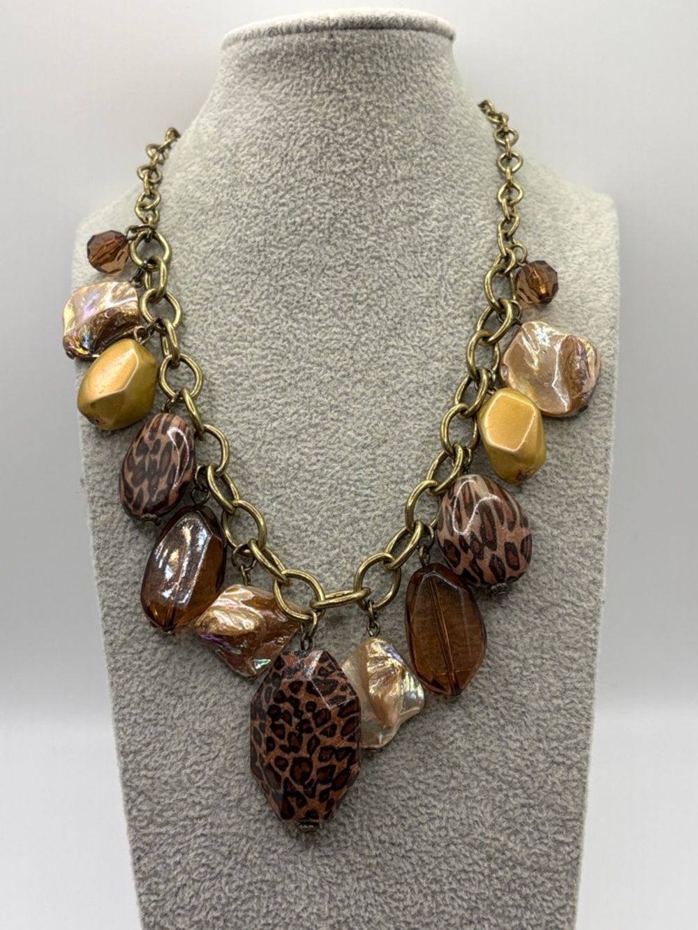 Chico's Brown & Gold Statement Leopard Bead Necklace